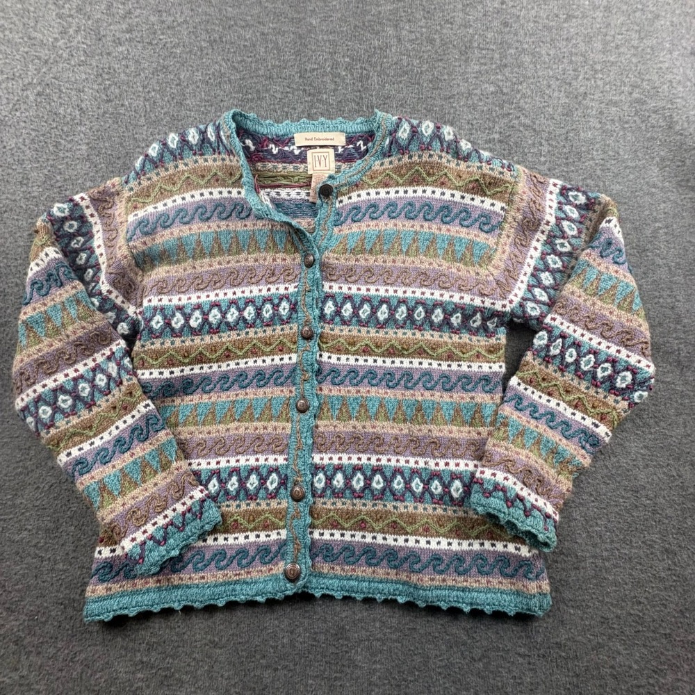 Vintage IVY Women L Hand Embroidered Knit Cardigan Sweater Boho Folk Cottagecore - Picture 2 of 11